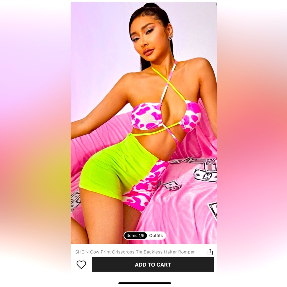2 piece cow print (pink & white) with lime green.